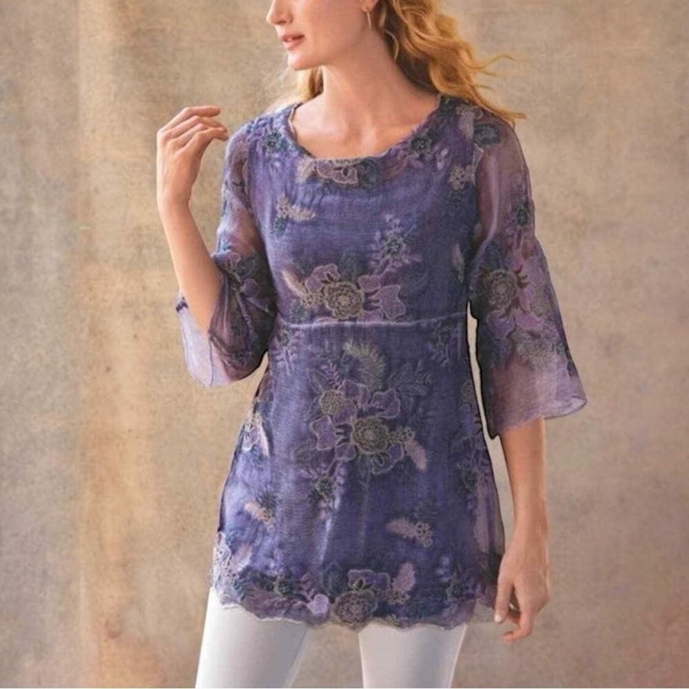 SOFT SURROUNDINGS Antonia Metallic Floral Embroidered Silk Tunic Top